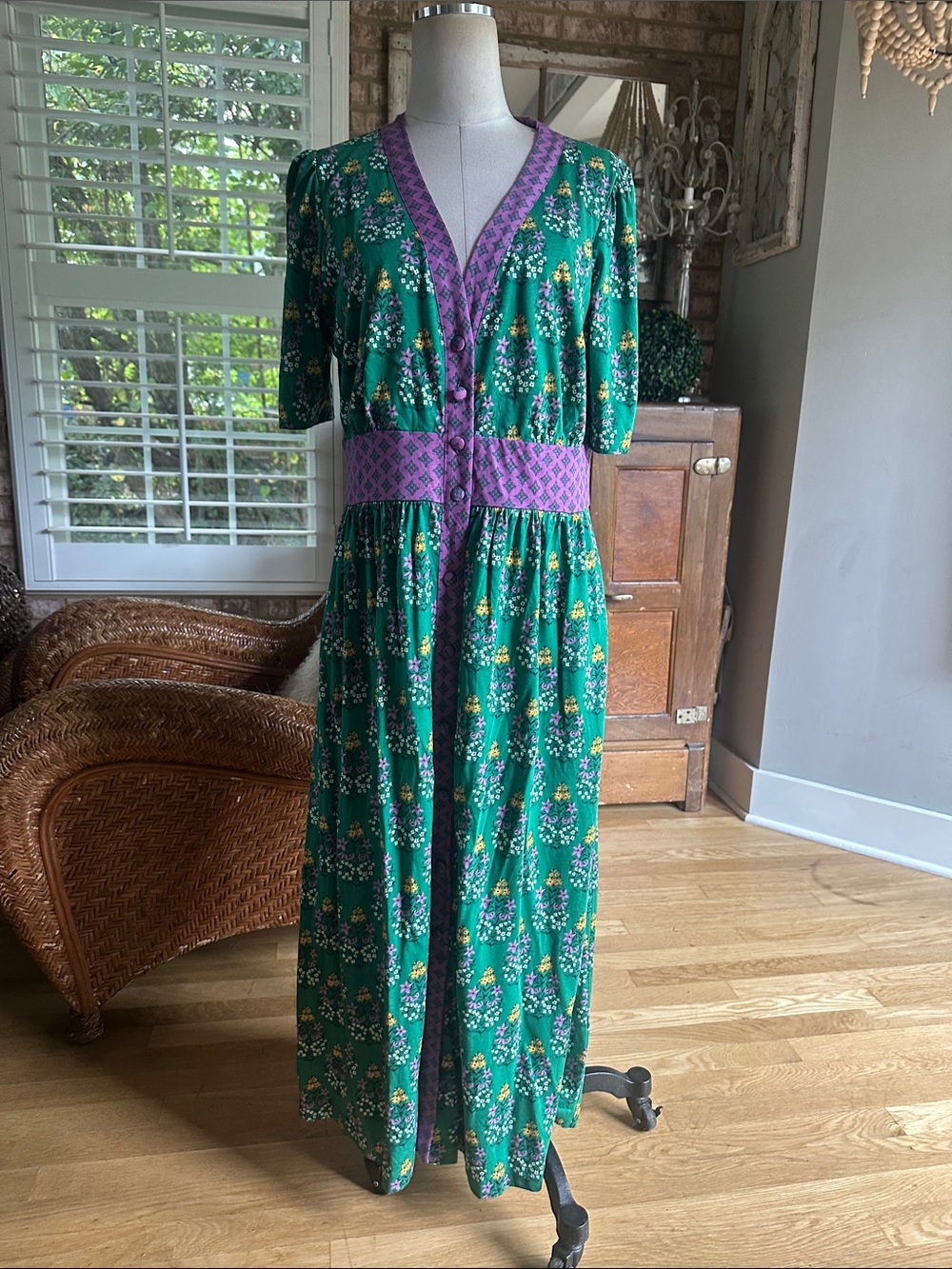 BODEN GREEN & PURPLE 3/4 SLEEVE TENCEL BUTTON DRESS 12 NEW WITH TAGS